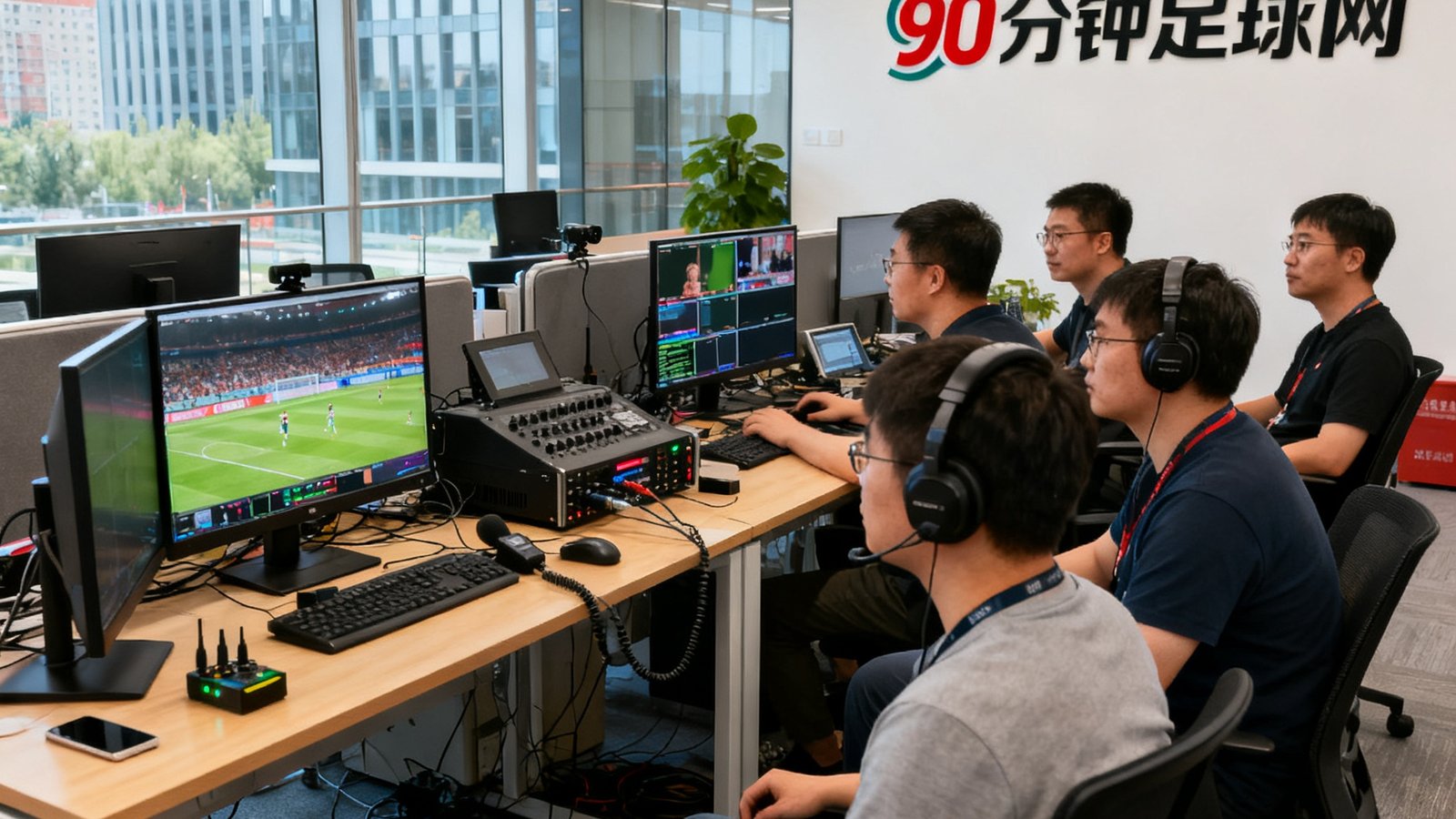 90分钟足球网位于北京朝阳区SOHO现代城的公司总部办公室,技术团队在开放式办公区进行赛事直播保障工作